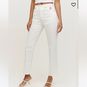 Reformation High-Rise White Jeans with Pink Star Embroidery